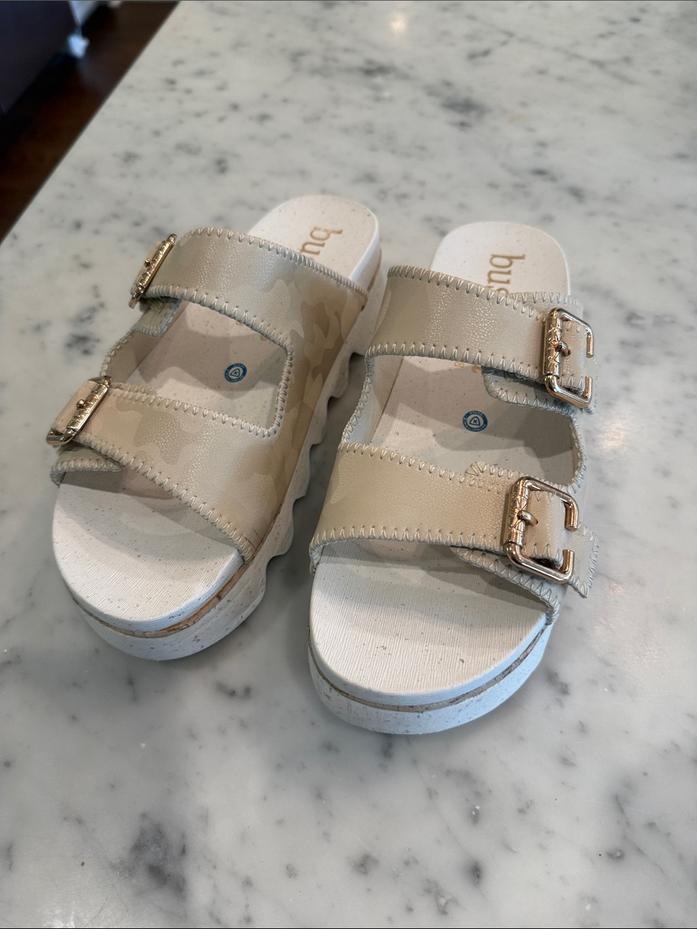 Bussola Neutral Beige light subtle camo Double-Buckle Slide Sandals-